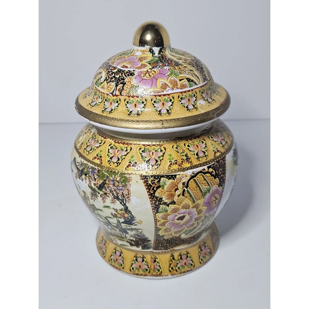 Vintage Satsuma Style Covered Ginger Jar Gold Moriage Peacock Bird Floral Urn